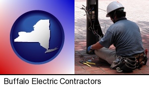 an electrician wearing a tool belt, installing electrical wiring in Buffalo, NY