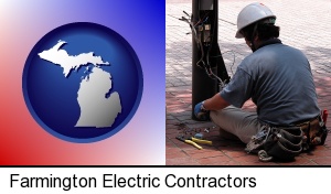 an electrician wearing a tool belt, installing electrical wiring in Farmington, MI