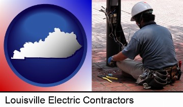 an electrician wearing a tool belt, installing electrical wiring in Louisville, KY