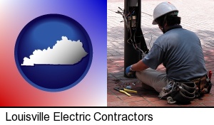 Louisville, Kentucky - an electrician wearing a tool belt, installing electrical wiring