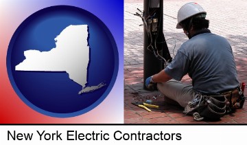 an electrician wearing a tool belt, installing electrical wiring in New York, NY