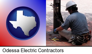 an electrician wearing a tool belt, installing electrical wiring in Odessa, TX