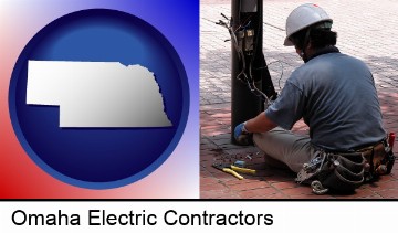 an electrician wearing a tool belt, installing electrical wiring in Omaha, NE