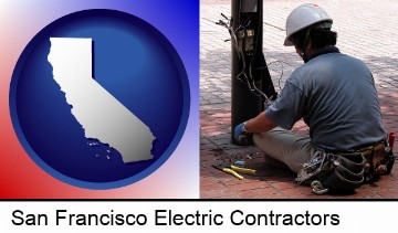 an electrician wearing a tool belt, installing electrical wiring in San Francisco, CA