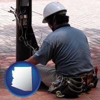 arizona map icon and an electrician wearing a tool belt, installing electrical wiring