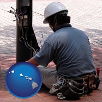 hawaii map icon and an electrician wearing a tool belt, installing electrical wiring