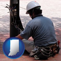 indiana map icon and an electrician wearing a tool belt, installing electrical wiring