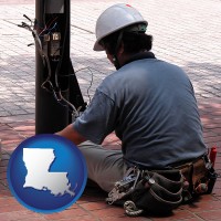 louisiana map icon and an electrician wearing a tool belt, installing electrical wiring