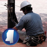mississippi map icon and an electrician wearing a tool belt, installing electrical wiring