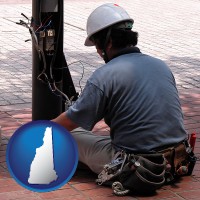 new-hampshire map icon and an electrician wearing a tool belt, installing electrical wiring