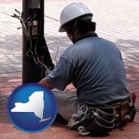 new-york map icon and an electrician wearing a tool belt, installing electrical wiring