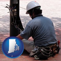 rhode-island map icon and an electrician wearing a tool belt, installing electrical wiring