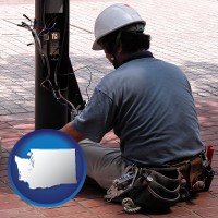 washington map icon and an electrician wearing a tool belt, installing electrical wiring