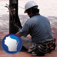 wisconsin map icon and an electrician wearing a tool belt, installing electrical wiring
