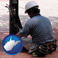 west-virginia map icon and an electrician wearing a tool belt, installing electrical wiring