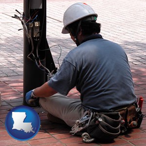 an electrician wearing a tool belt, installing electrical wiring - with Louisiana icon