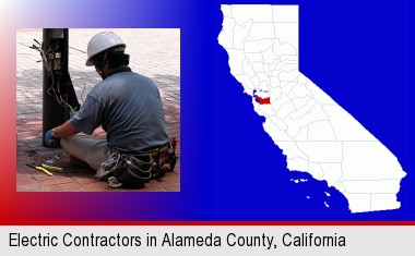 an electrician wearing a tool belt, installing electrical wiring; Alameda County highlighted in red on a map
