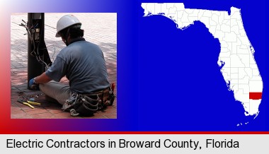 an electrician wearing a tool belt, installing electrical wiring; Broward County highlighted in red on a map