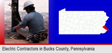 an electrician wearing a tool belt, installing electrical wiring; Bucks County highlighted in red on a map