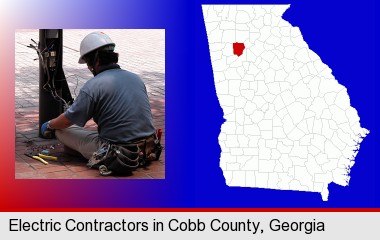 an electrician wearing a tool belt, installing electrical wiring; Cobb County highlighted in red on a map