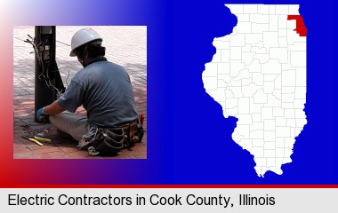 an electrician wearing a tool belt, installing electrical wiring; Cook County highlighted in red on a map