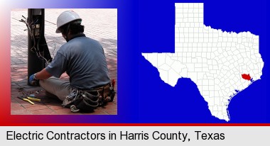 an electrician wearing a tool belt, installing electrical wiring; Harris County highlighted in red on a map