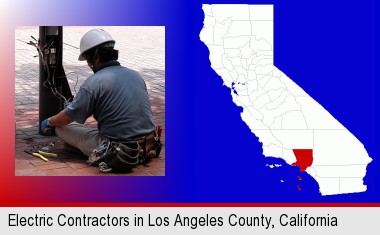 an electrician wearing a tool belt, installing electrical wiring; Los Angeles County highlighted in red on a map