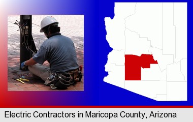 an electrician wearing a tool belt, installing electrical wiring; Maricopa County highlighted in red on a map