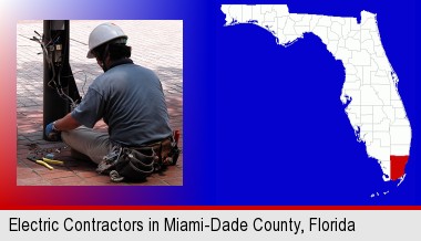 an electrician wearing a tool belt, installing electrical wiring; Miami-Dade County highlighted in red on a map