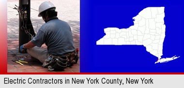 an electrician wearing a tool belt, installing electrical wiring; New York County highlighted in red on a map