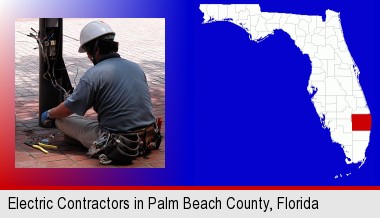 an electrician wearing a tool belt, installing electrical wiring; Palm Beach County highlighted in red on a map
