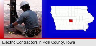 an electrician wearing a tool belt, installing electrical wiring; Polk County highlighted in red on a map