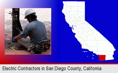 an electrician wearing a tool belt, installing electrical wiring; San Diego County highlighted in red on a map