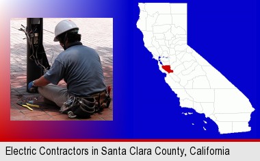 an electrician wearing a tool belt, installing electrical wiring; Santa Clara County highlighted in red on a map