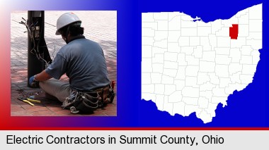 an electrician wearing a tool belt, installing electrical wiring; Summit County highlighted in red on a map