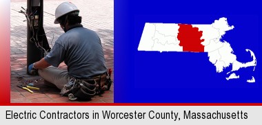 an electrician wearing a tool belt, installing electrical wiring; Worcester County highlighted in red on a map