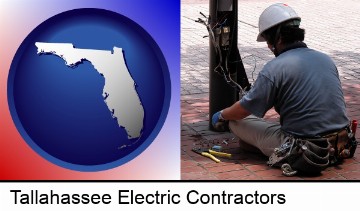 an electrician wearing a tool belt, installing electrical wiring in Tallahassee, FL