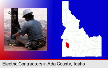 an electrician wearing a tool belt, installing electrical wiring; Ada County highlighted in red on a map