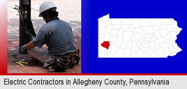 an electrician wearing a tool belt, installing electrical wiring; Allegheny County highlighted in red on a map