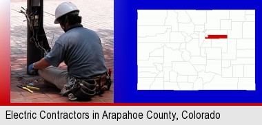 an electrician wearing a tool belt, installing electrical wiring; Arapahoe County highlighted in red on a map