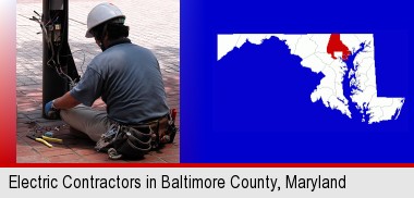 an electrician wearing a tool belt, installing electrical wiring; Baltimore County highlighted in red on a map