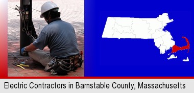an electrician wearing a tool belt, installing electrical wiring; Barnstable County highlighted in red on a map