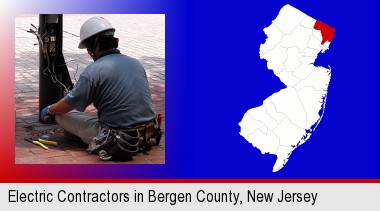 an electrician wearing a tool belt, installing electrical wiring; Bergen County highlighted in red on a map