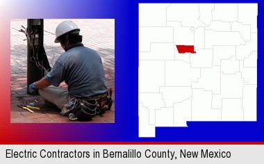 an electrician wearing a tool belt, installing electrical wiring; Bernalillo County highlighted in red on a map