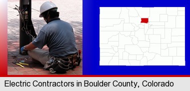 an electrician wearing a tool belt, installing electrical wiring; Boulder County highlighted in red on a map