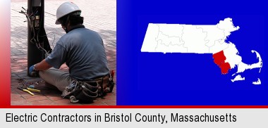 an electrician wearing a tool belt, installing electrical wiring; Bristol County highlighted in red on a map
