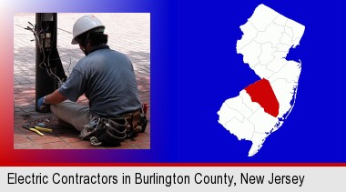 an electrician wearing a tool belt, installing electrical wiring; Burlington County highlighted in red on a map