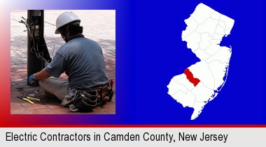 an electrician wearing a tool belt, installing electrical wiring; Camden County highlighted in red on a map