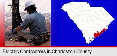 an electrician wearing a tool belt, installing electrical wiring; Charleston County highlighted in red on a map