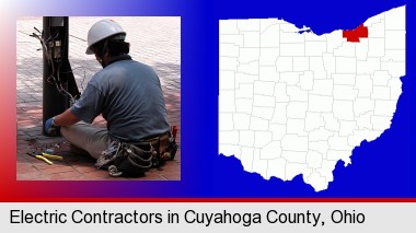 an electrician wearing a tool belt, installing electrical wiring; Cuyahoga County highlighted in red on a map